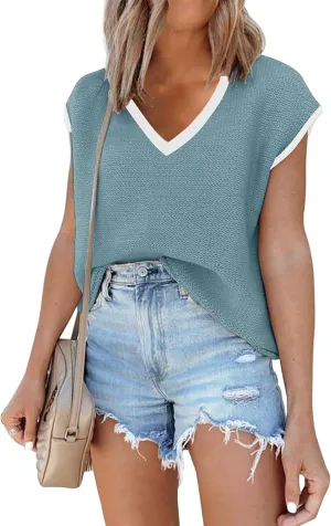 SAUKOLE Women's Sleeveless Sweater Vest Casual V Neck Cap Sleeve Knit Pullover Tank Tops 2025 Spring Clothes