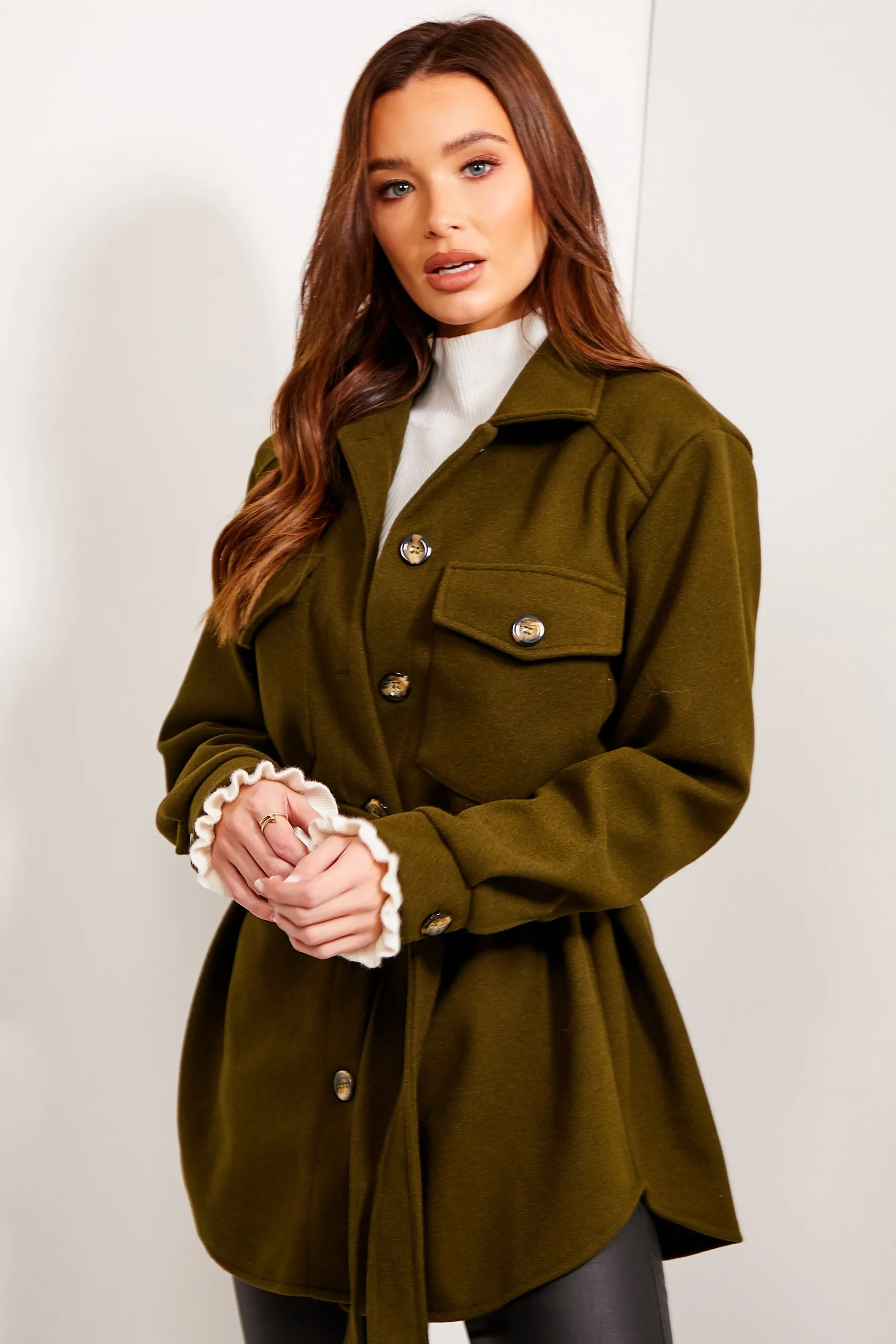 Saylor Khaki Belted Oversized Shacket
