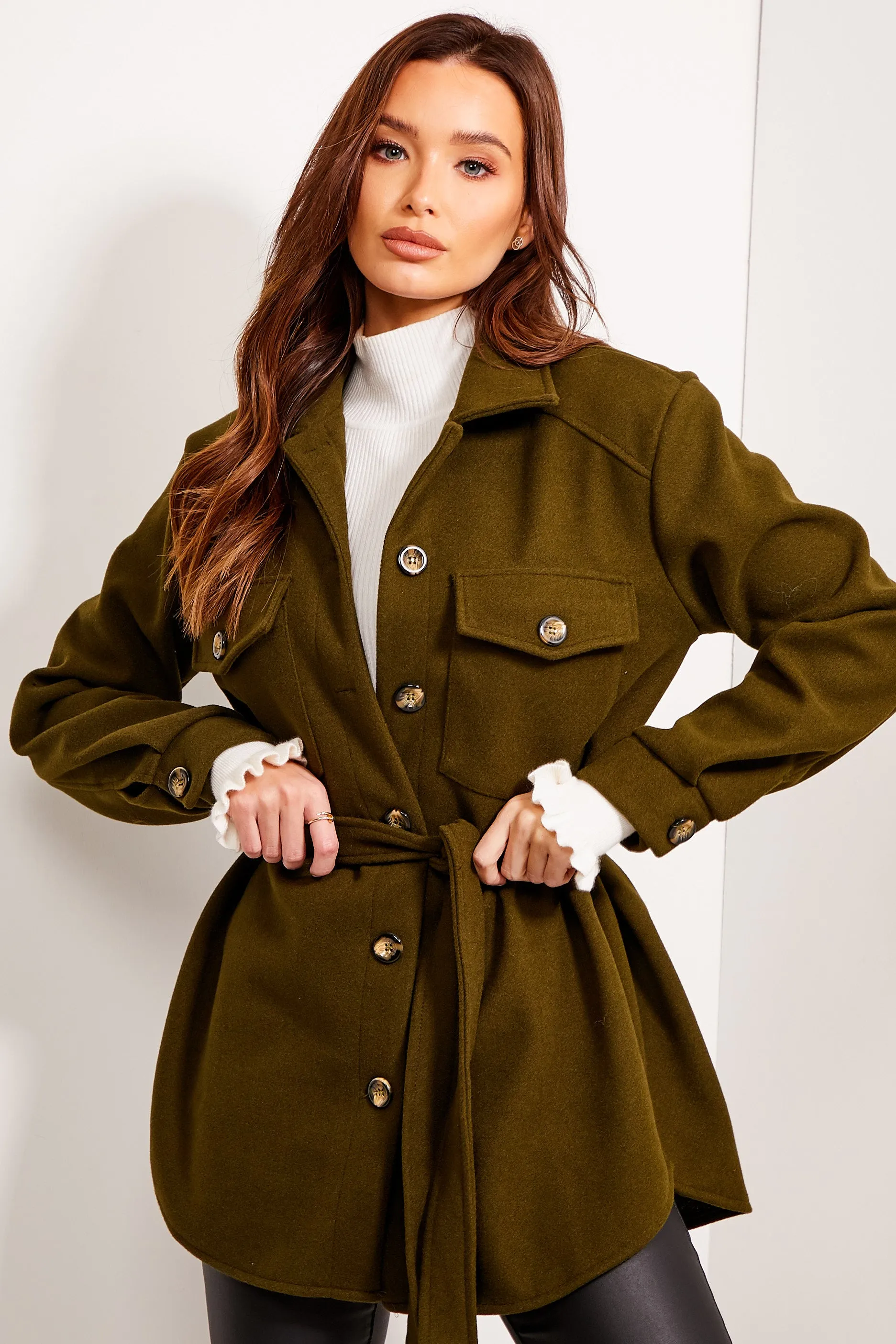 Saylor Khaki Belted Oversized Shacket