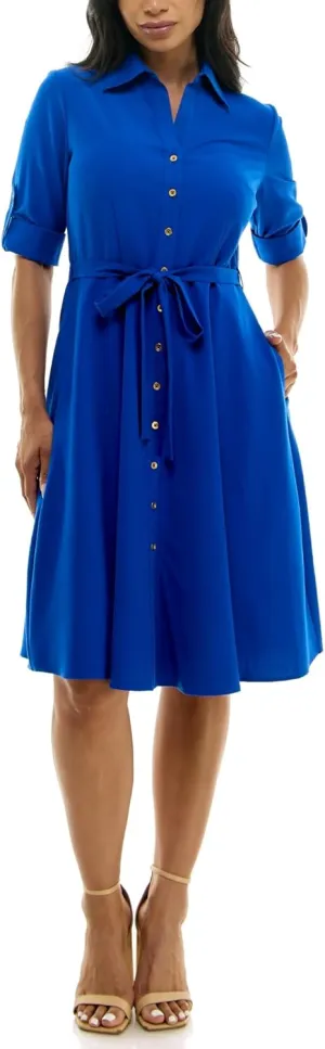 Sharagano Women's Button Front Pleated Shirt Casual Dress