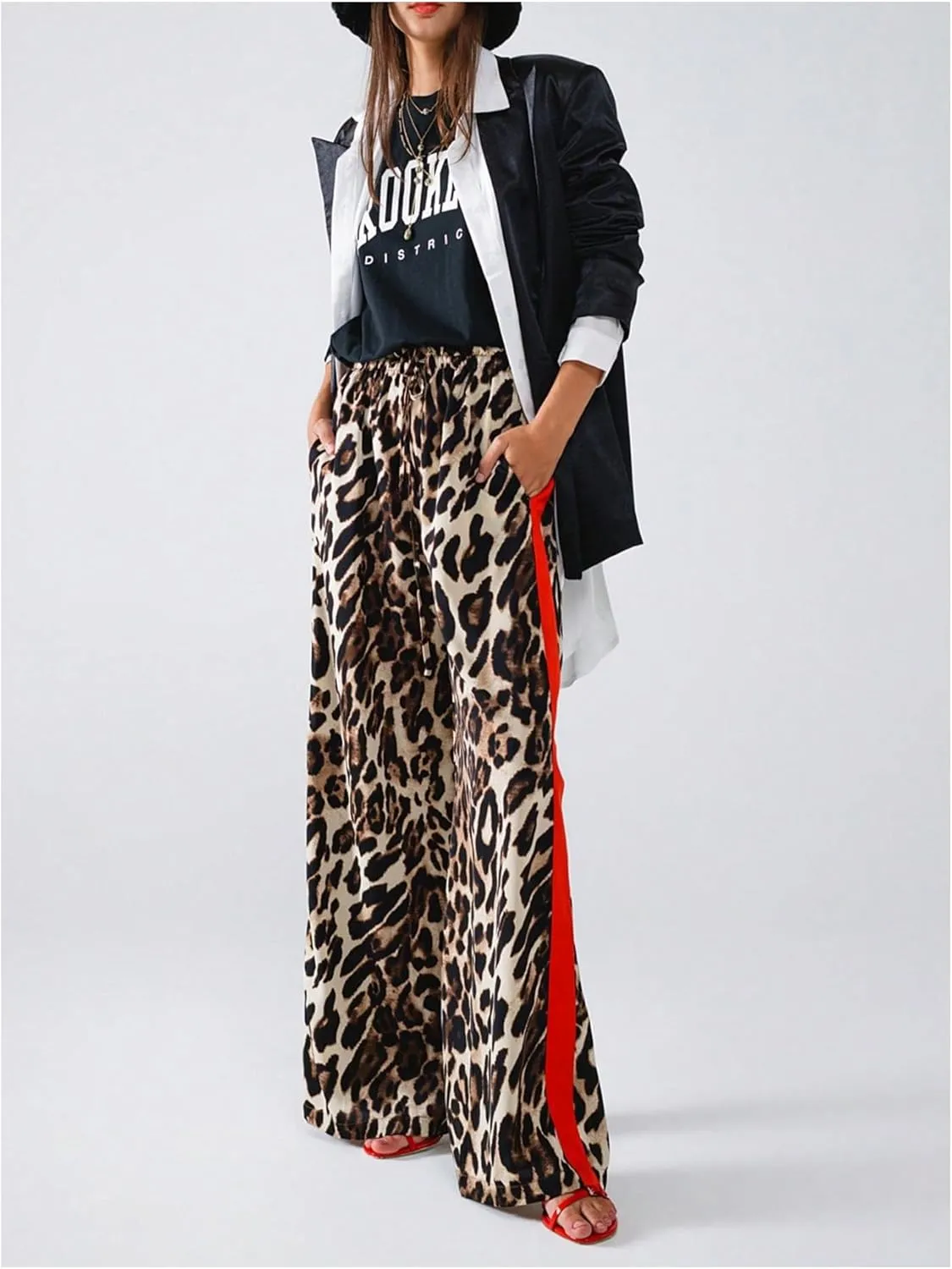 SHENHE Women's Cheetah Print Wide Leg Baggy Pants Y2k Side Loose Streetwear Trousers