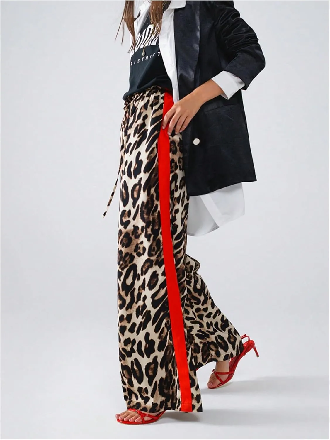 SHENHE Women's Cheetah Print Wide Leg Baggy Pants Y2k Side Loose Streetwear Trousers