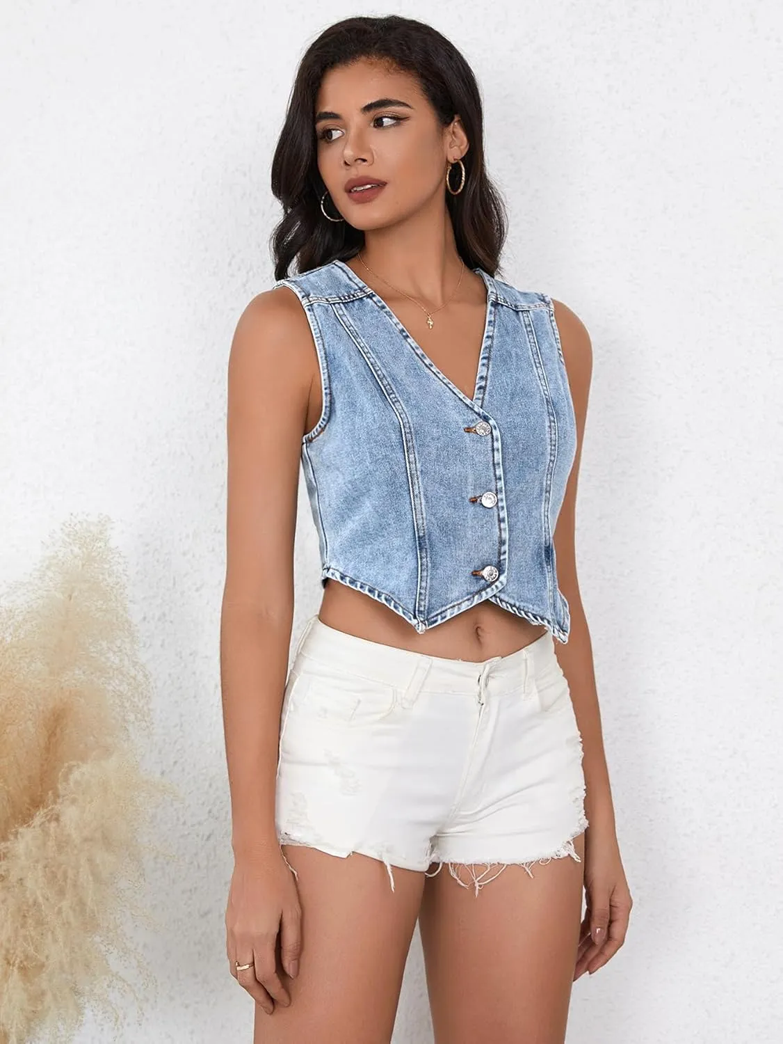 SHENHE Women's Denim Vest Button Down Sleeveless Jean Vest Top Y2K Cropped Denim Jacket Country Fashion Western Clothes