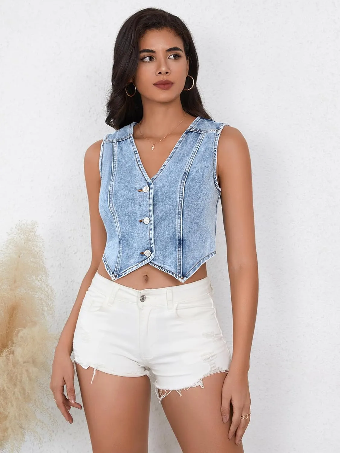 SHENHE Women's Denim Vest Button Down Sleeveless Jean Vest Top Y2K Cropped Denim Jacket Country Fashion Western Clothes