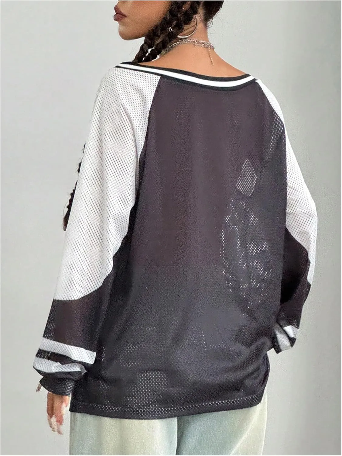 SHENHE Women's Oversized Mesh Jersey Shirt Y2k Long Sleeve Off Shoulder Graphic Tee Top