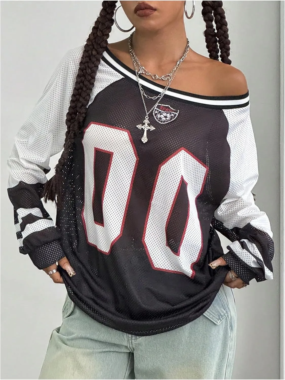 SHENHE Women's Oversized Mesh Jersey Shirt Y2k Long Sleeve Off Shoulder Graphic Tee Top