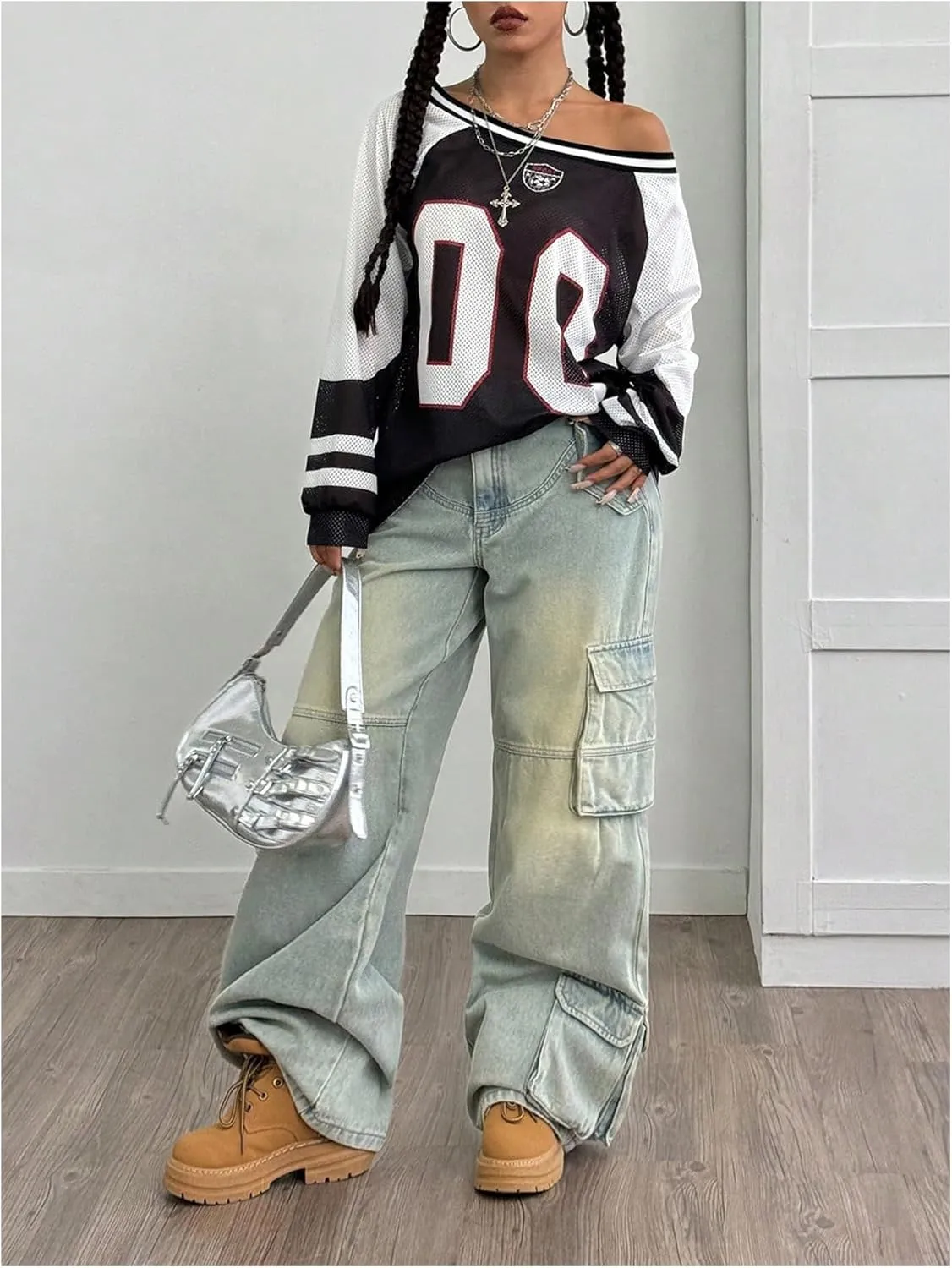 SHENHE Women's Oversized Mesh Jersey Shirt Y2k Long Sleeve Off Shoulder Graphic Tee Top