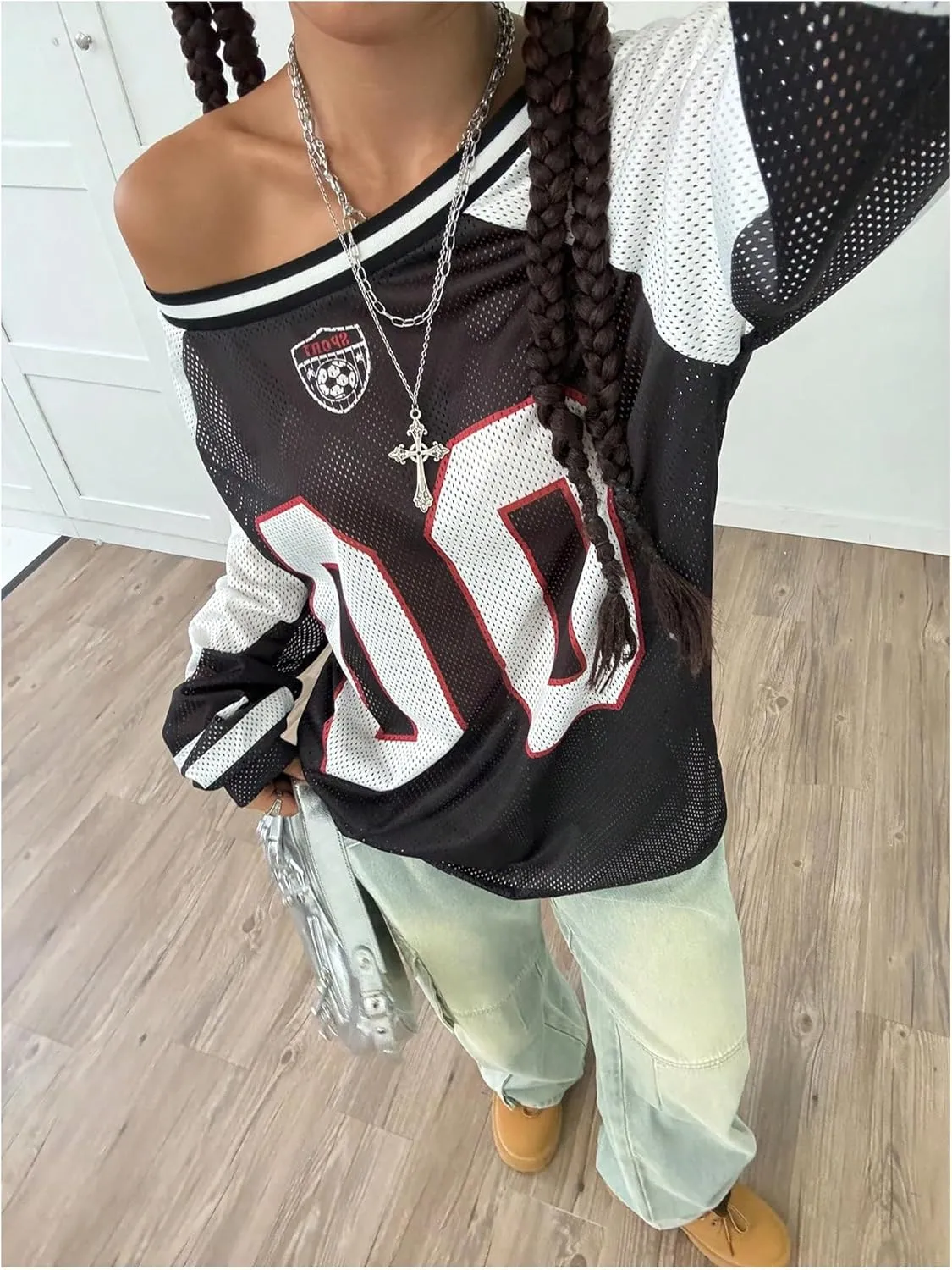 SHENHE Women's Oversized Mesh Jersey Shirt Y2k Long Sleeve Off Shoulder Graphic Tee Top