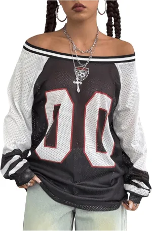 SHENHE Women's Oversized Mesh Jersey Shirt Y2k Long Sleeve Off Shoulder Graphic Tee Top