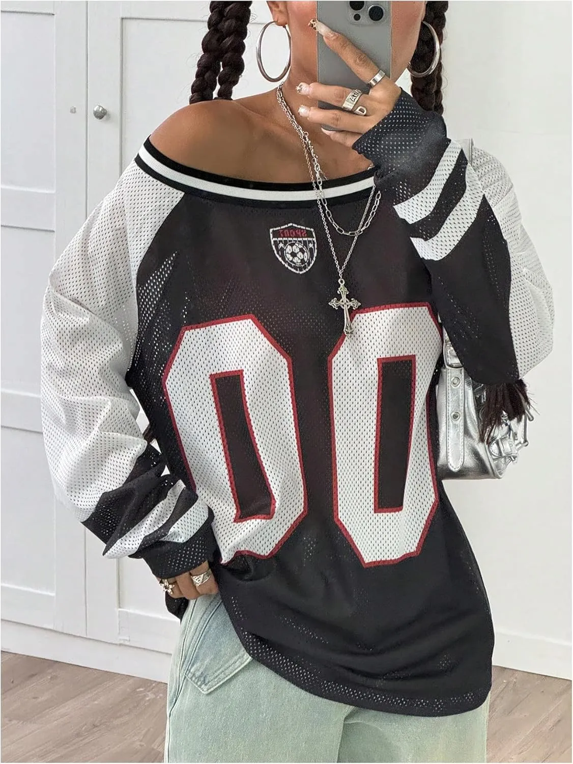 SHENHE Women's Oversized Mesh Jersey Shirt Y2k Long Sleeve Off Shoulder Graphic Tee Top