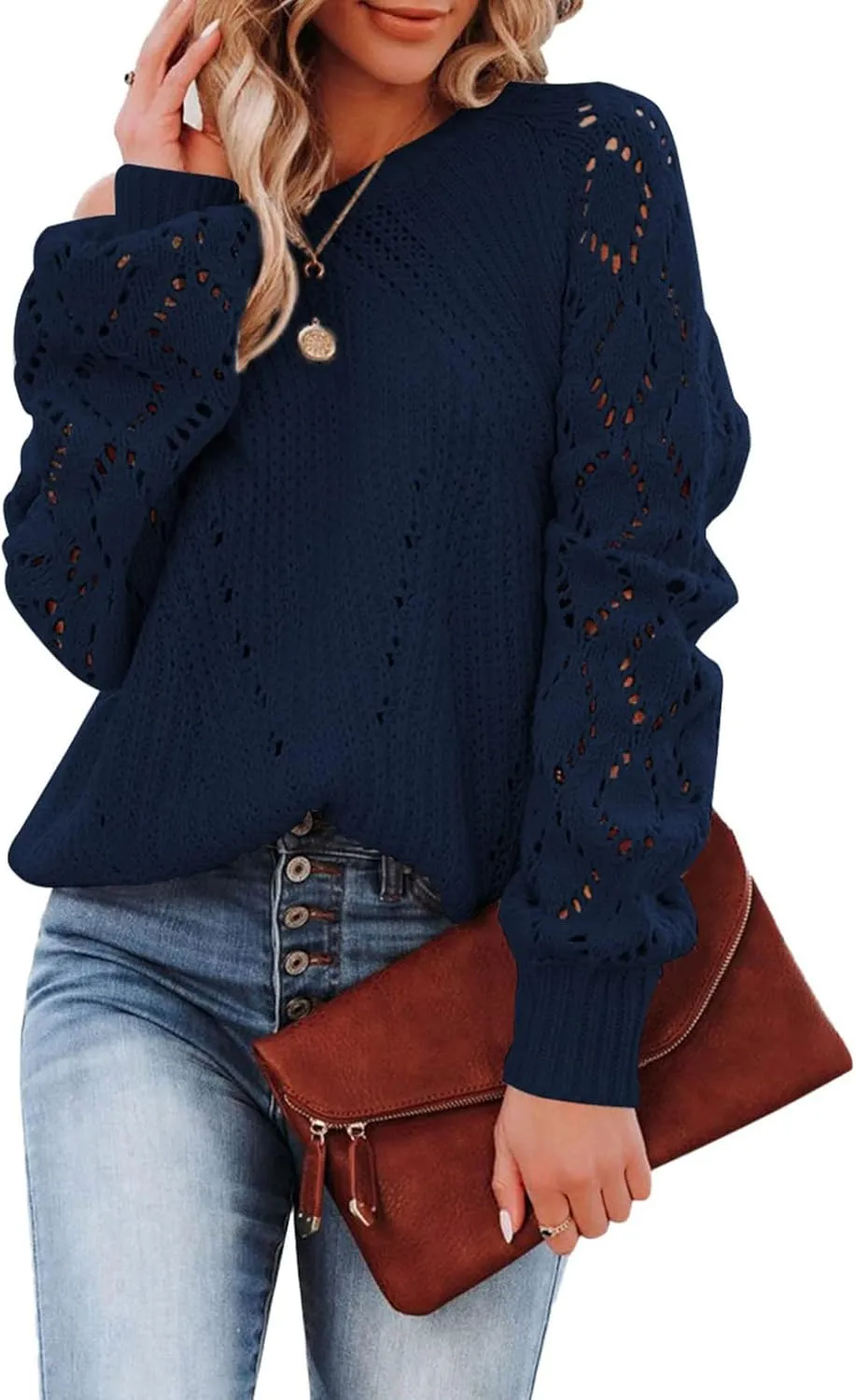 SHEWIN Women's Casual Long Sleeve Crewneck Crochet Sweater Lightweight Knit Pullover Sweaters Tops