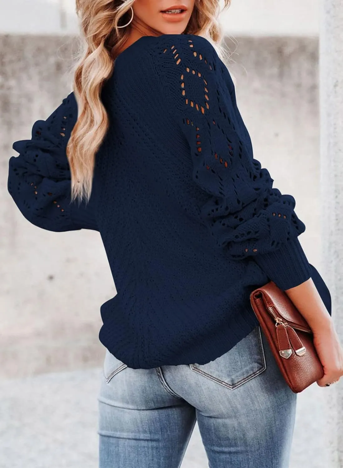 SHEWIN Women's Casual Long Sleeve Crewneck Crochet Sweater Lightweight Knit Pullover Sweaters Tops
