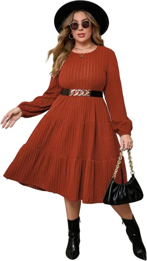 ShopWonder Women Plus Size Knit Sweater Dress Round Neck Long Sleeves Comfy Pullover Winter Midi Dress with Belt
