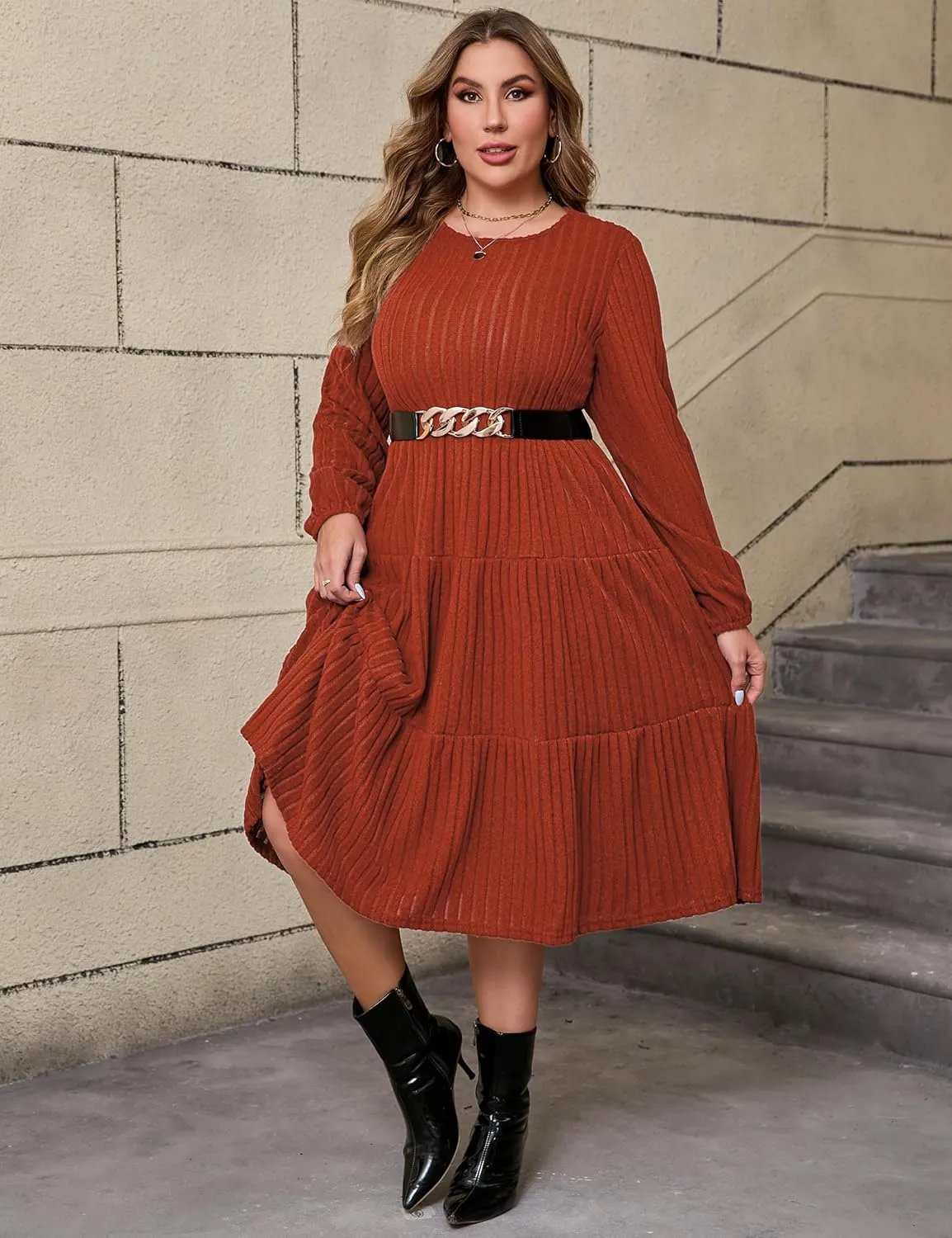 ShopWonder Women Plus Size Knit Sweater Dress Round Neck Long Sleeves Comfy Pullover Winter Midi Dress with Belt