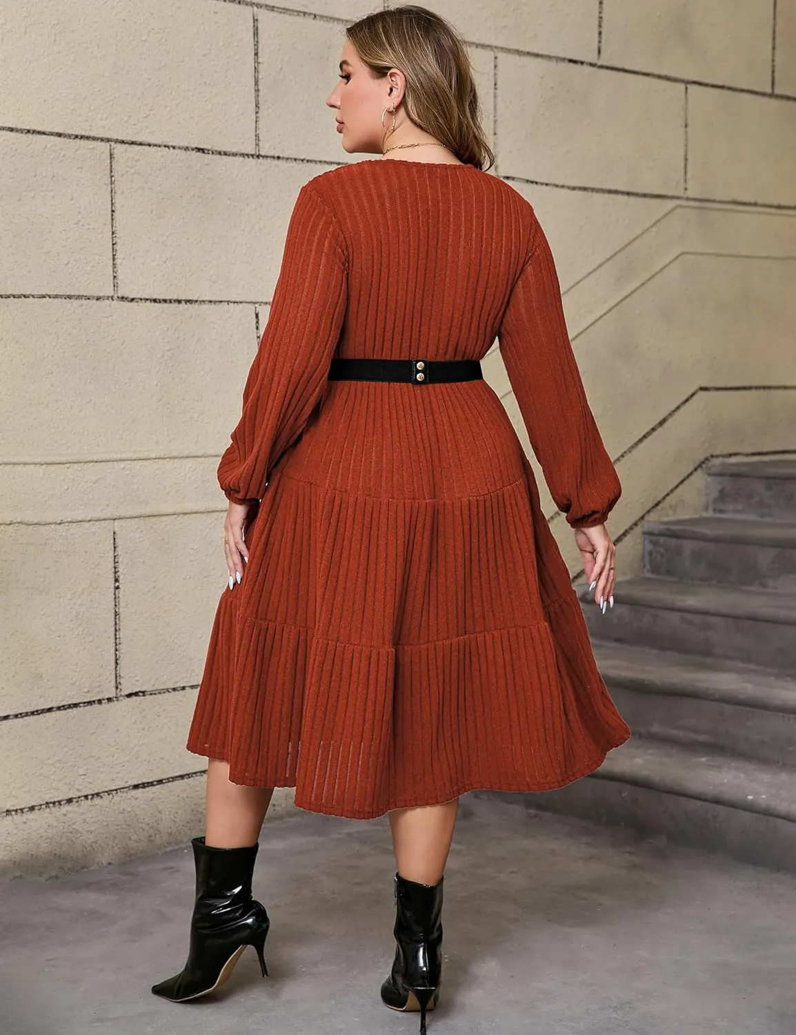 ShopWonder Women Plus Size Knit Sweater Dress Round Neck Long Sleeves Comfy Pullover Winter Midi Dress with Belt