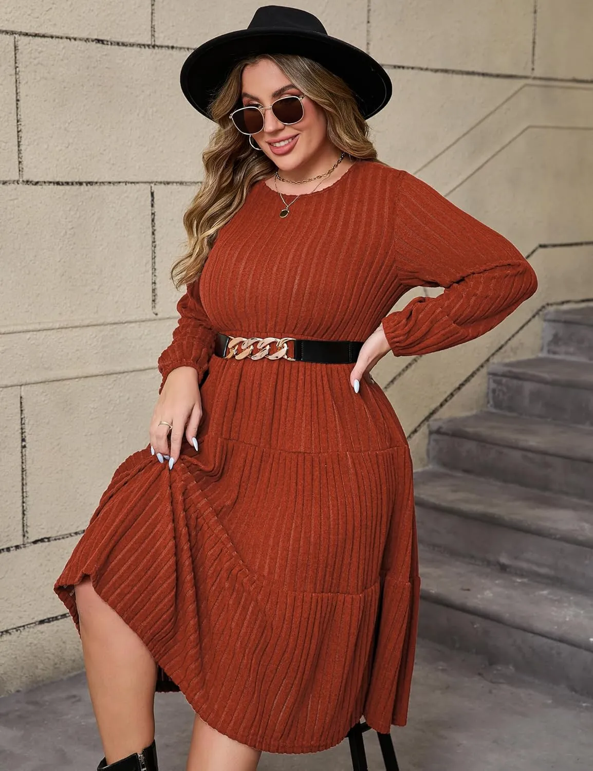 ShopWonder Women Plus Size Knit Sweater Dress Round Neck Long Sleeves Comfy Pullover Winter Midi Dress with Belt