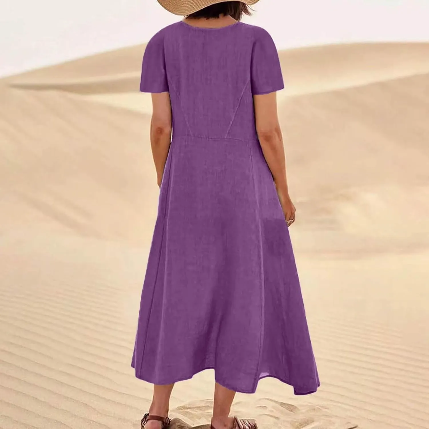 Short Sleeve Maxi Dress for Women Linen Dresses with Pockets Crewneck Loose Dress Casual Holiday Party Dresses