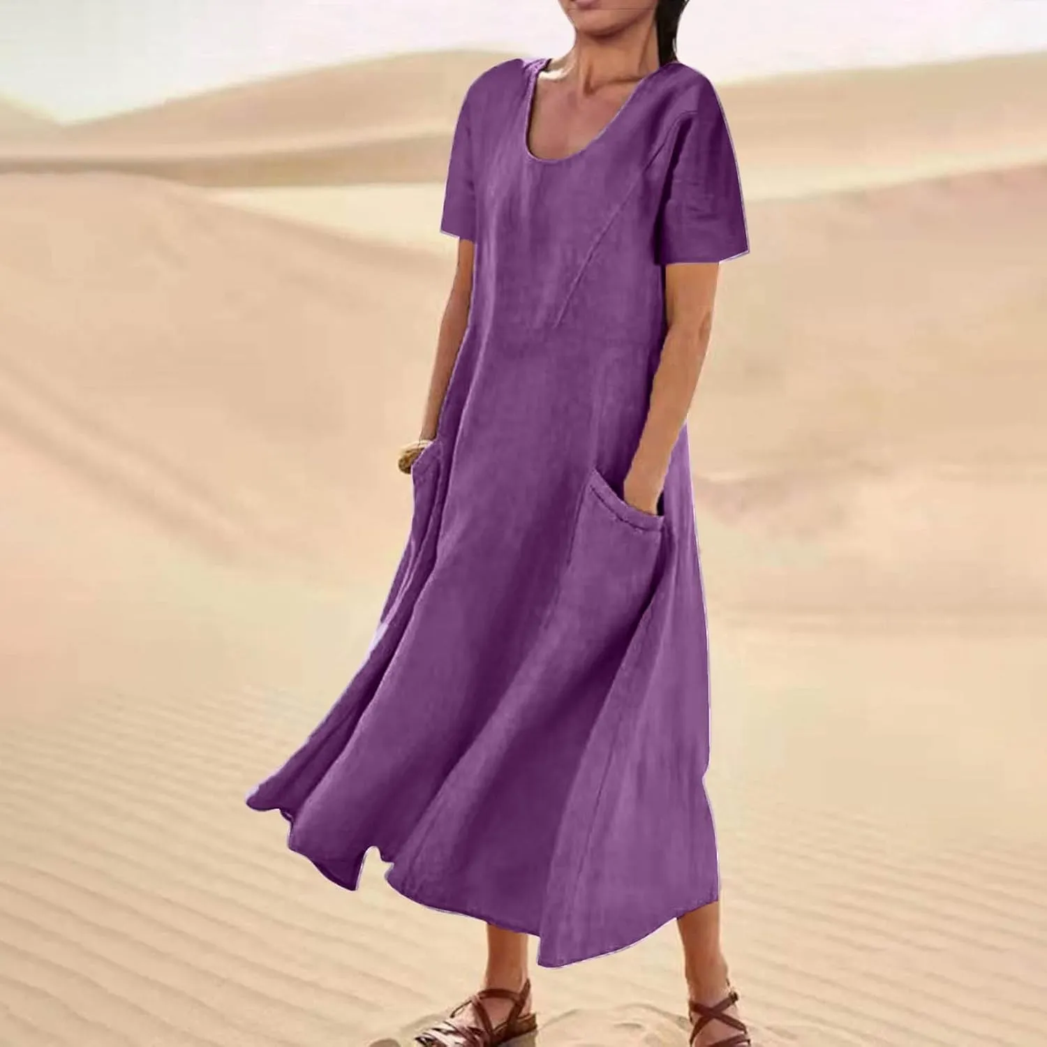 Short Sleeve Maxi Dress for Women Linen Dresses with Pockets Crewneck Loose Dress Casual Holiday Party Dresses