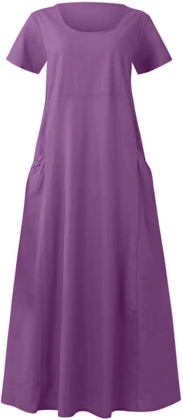 Short Sleeve Maxi Dress for Women Linen Dresses with Pockets Crewneck Loose Dress Casual Holiday Party Dresses