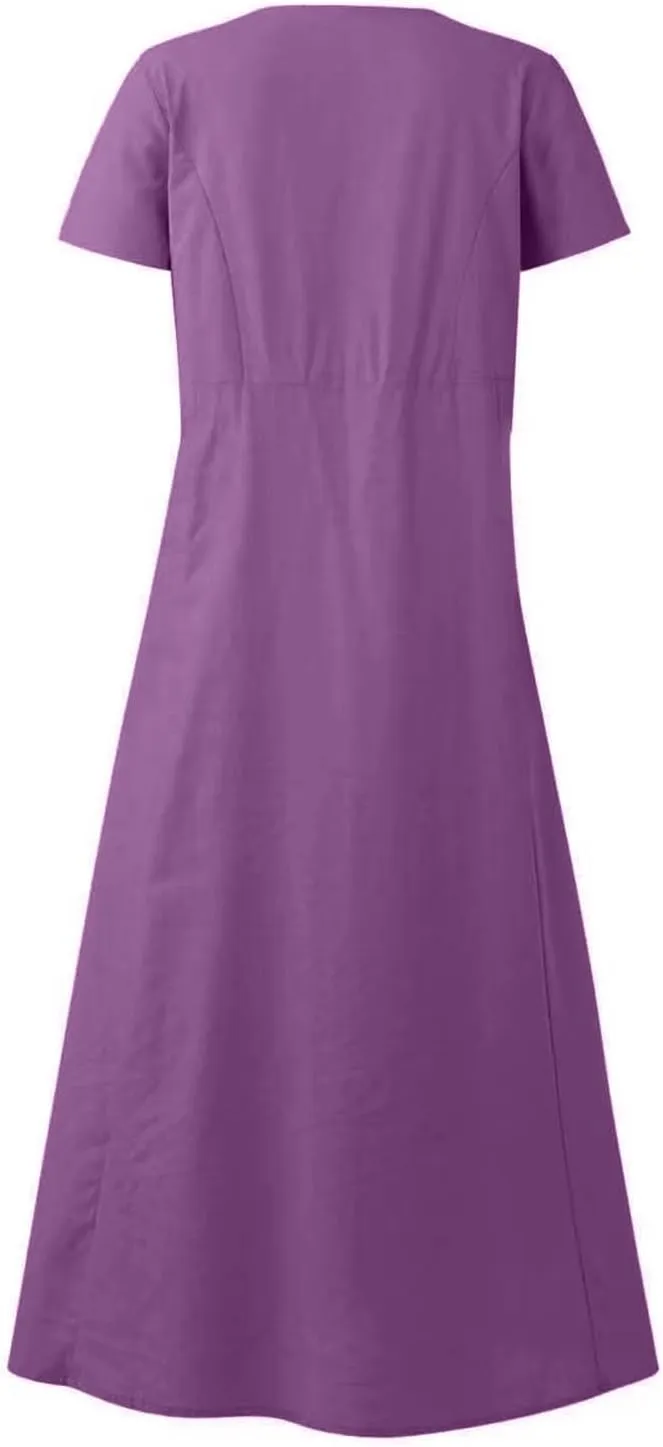 Short Sleeve Maxi Dress for Women Linen Dresses with Pockets Crewneck Loose Dress Casual Holiday Party Dresses
