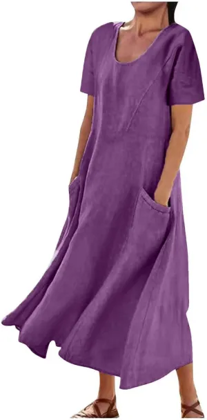 Short Sleeve Maxi Dress for Women Linen Dresses with Pockets Crewneck Loose Dress Casual Holiday Party Dresses
