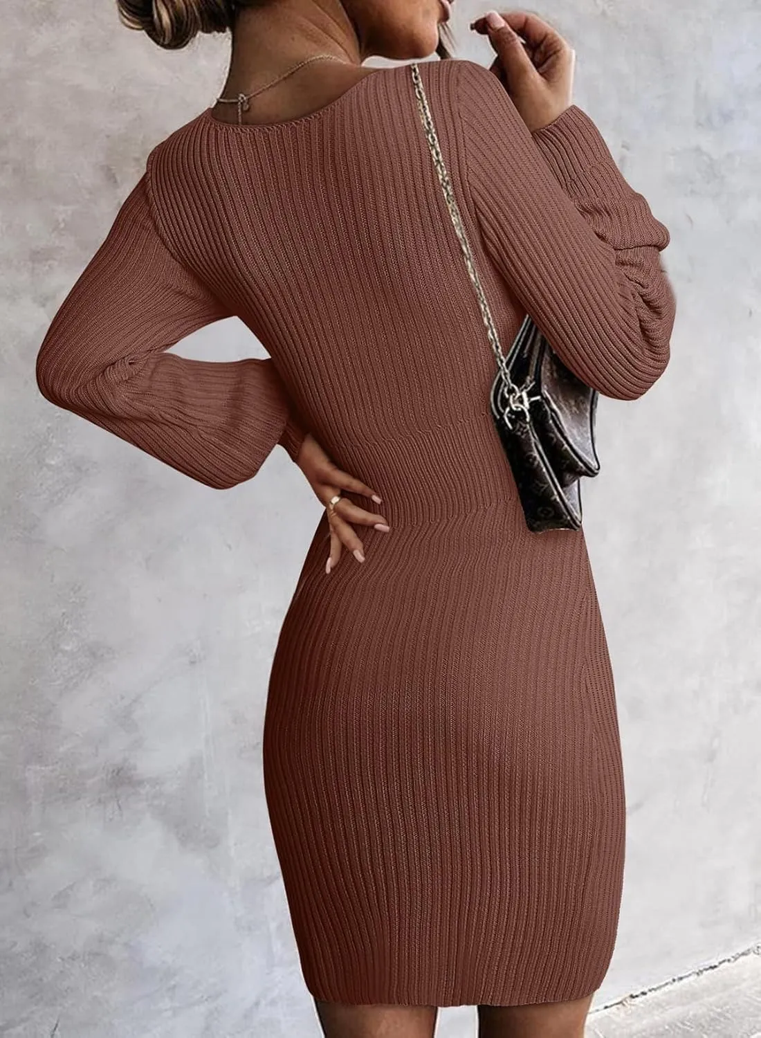 Sidefeel Womens 2024 Fall Winter Ribbed Knit Sweater Dress Casual Long Sleeve Sexy V Neck Bodycon Mini Dress