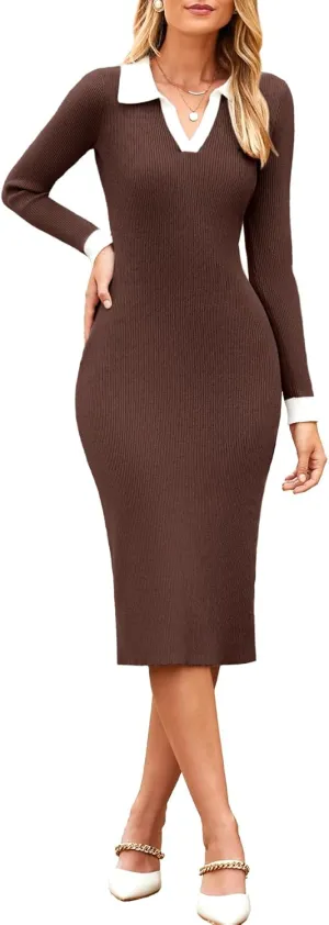 Simplee Womens Long Sleeve Sweater Midi Dress V Neck Casual Slim Fit Bodycon Knit Ribbed Slit Long Dress for Fall Winter
