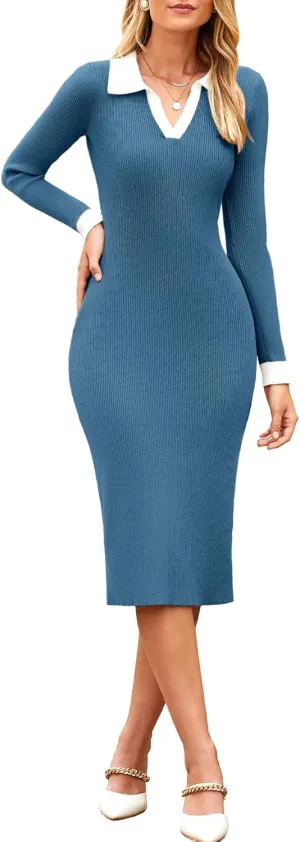 Simplee Womens Long Sleeve Sweater Midi Dress V Neck Casual Slim Fit Bodycon Knit Ribbed Slit Long Dress for Fall Winter