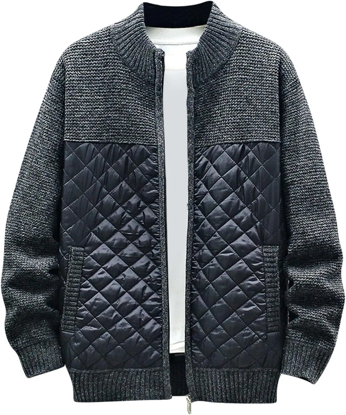 SMIDOW Men's Cardigan Sweaters Knitted Stand Collar Regular Fit Jacket Full Zip Fleece Lined Winter Warm Coat