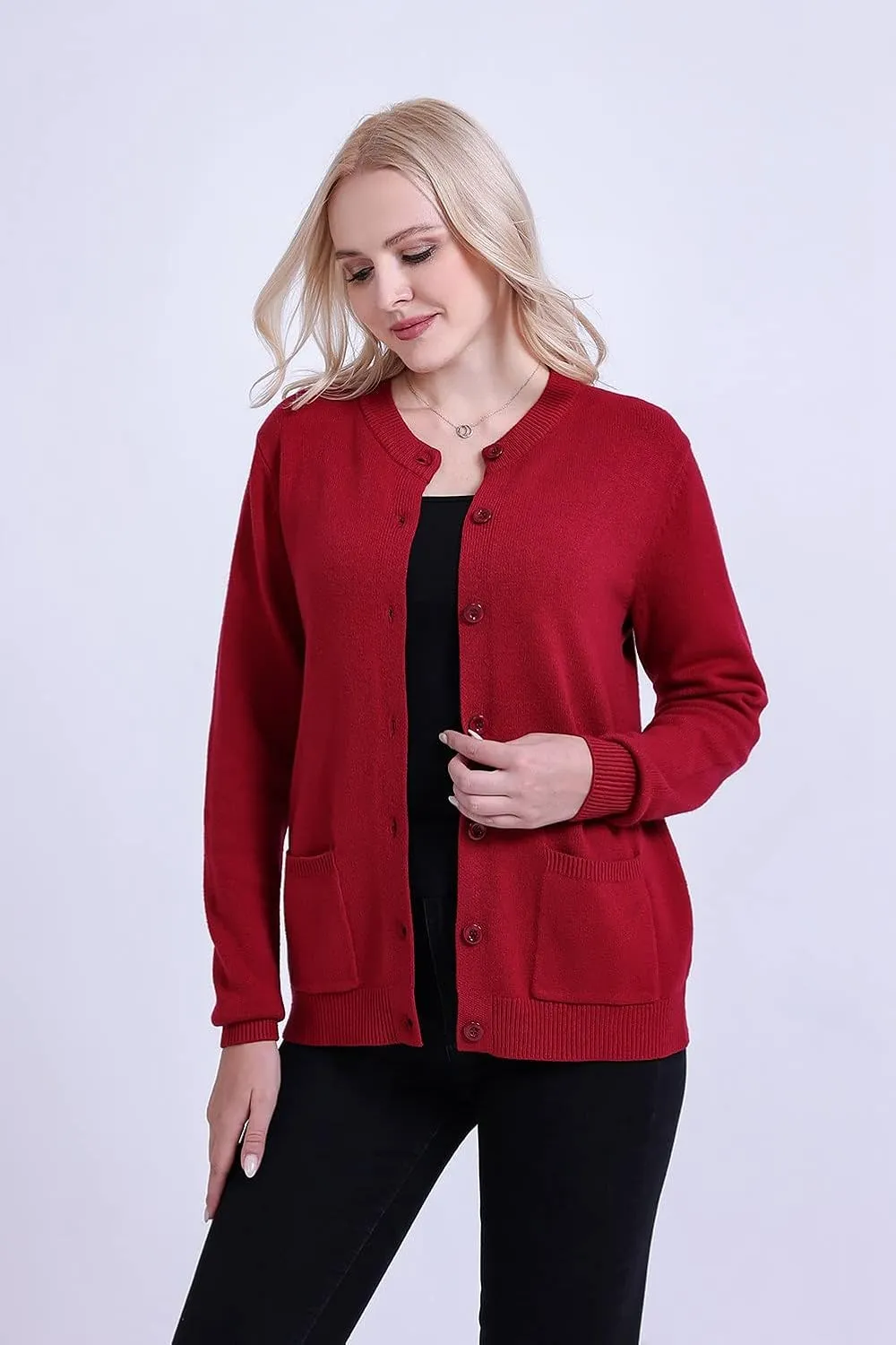 SMILING PINKER Women Cardigan Sweater Button Down Crew Neck Ribbed Knit Sweater with Pockets