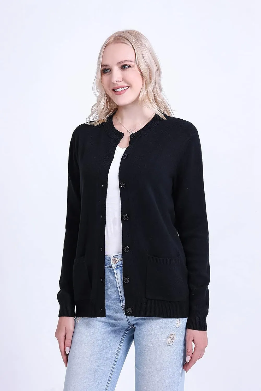 SMILING PINKER Women Cardigan Sweater Button Down Crew Neck Ribbed Knit Sweater with Pockets