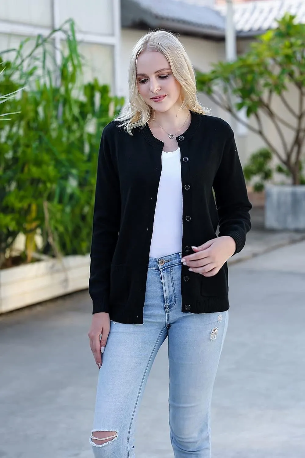 SMILING PINKER Women Cardigan Sweater Button Down Crew Neck Ribbed Knit Sweater with Pockets