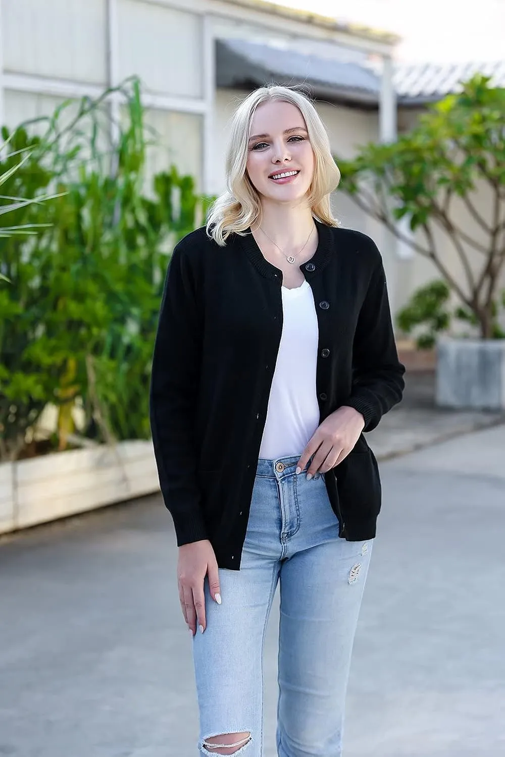 SMILING PINKER Women Cardigan Sweater Button Down Crew Neck Ribbed Knit Sweater with Pockets