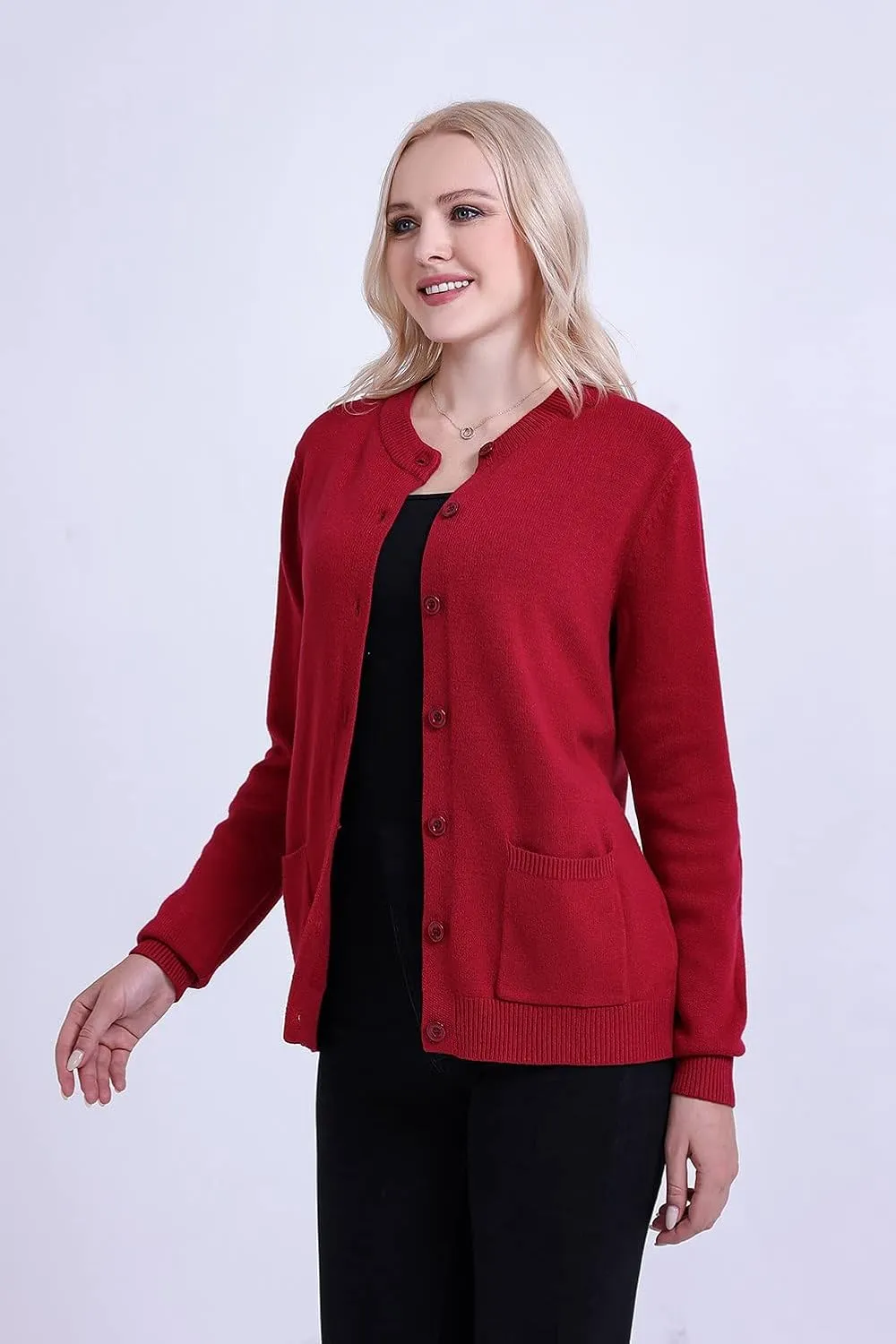 SMILING PINKER Women Cardigan Sweater Button Down Crew Neck Ribbed Knit Sweater with Pockets