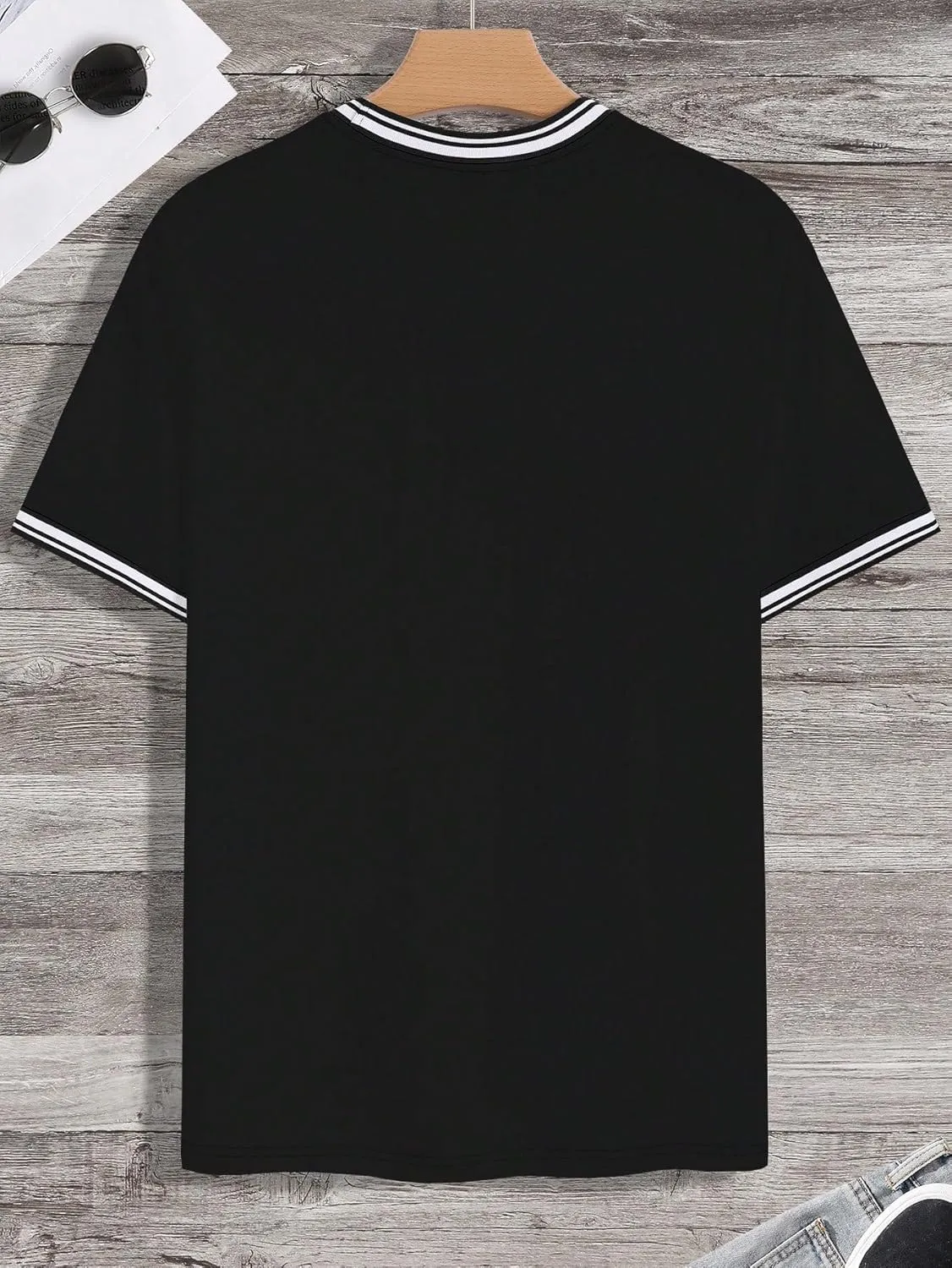 SOLY HUX Men's Crown Letter Print Striped Trim Tee Tops Short Sleeve Crew Neck Summer T Shirt