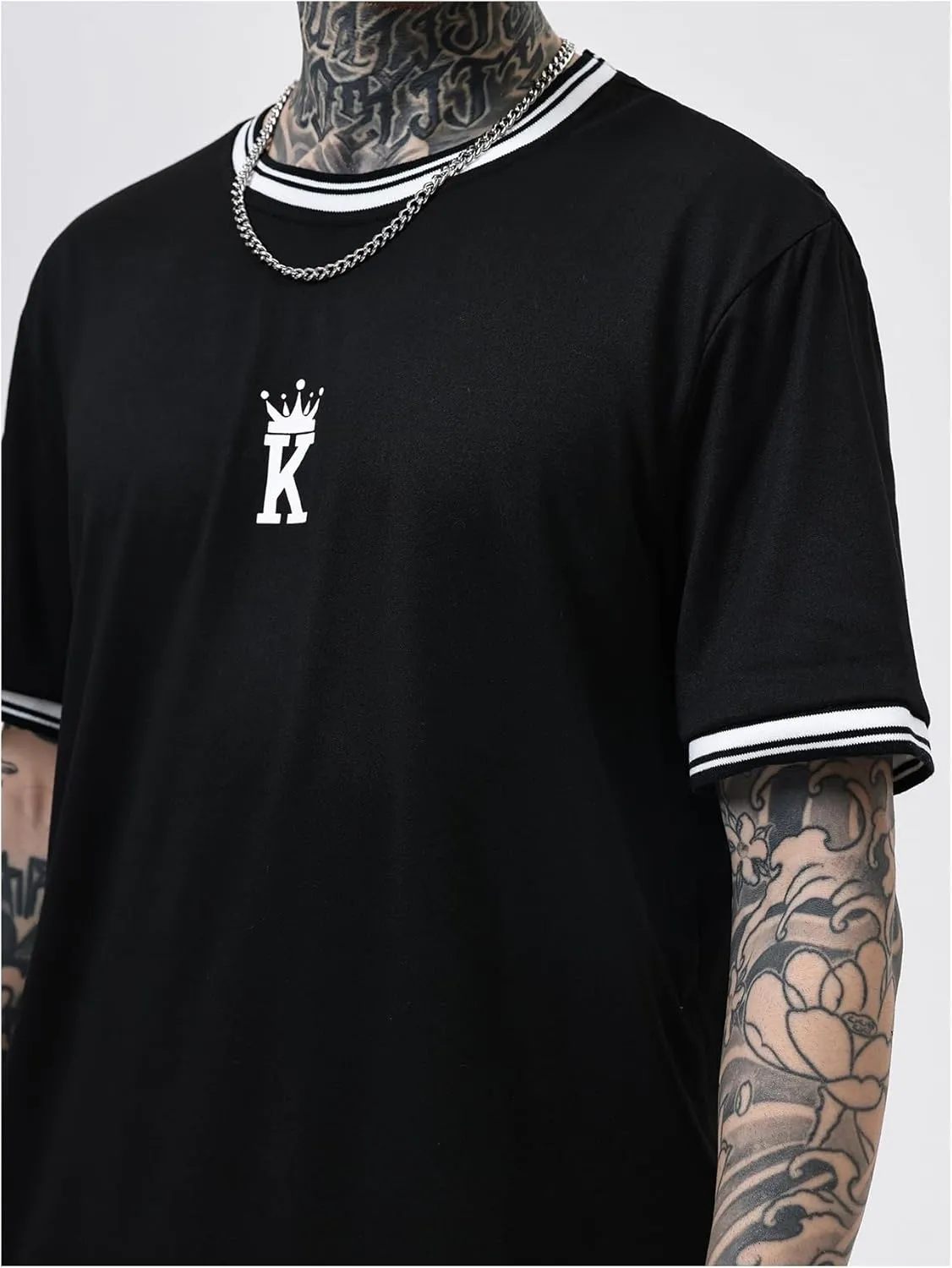 SOLY HUX Men's Crown Letter Print Striped Trim Tee Tops Short Sleeve Crew Neck Summer T Shirt