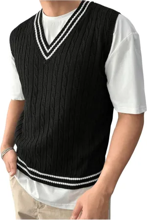 SOLY HUX Men's Striped Cable Knit Sweater Vest V Neck Sleeveless Casual School Sweater Tops