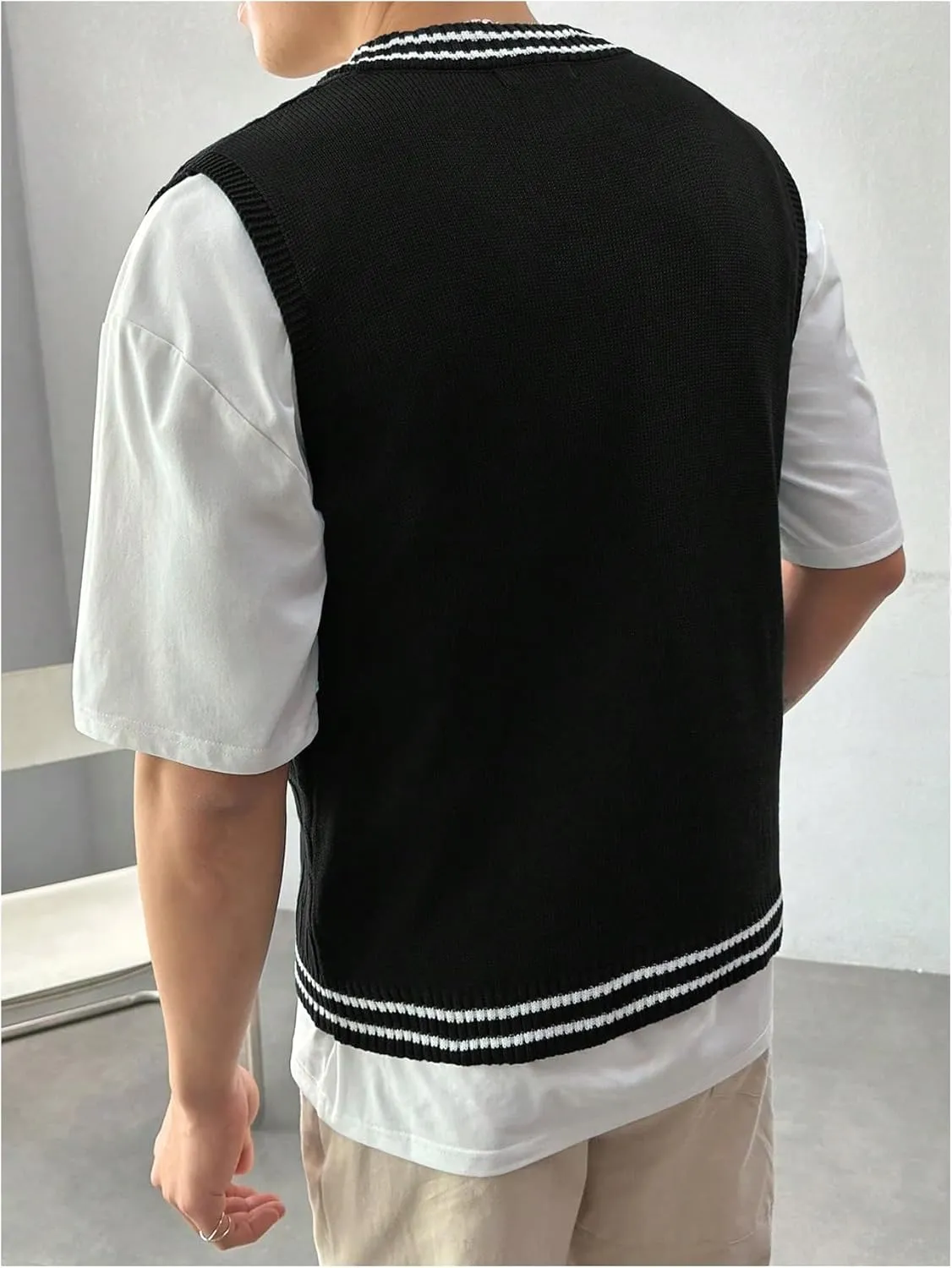 SOLY HUX Men's Striped Cable Knit Sweater Vest V Neck Sleeveless Casual School Sweater Tops