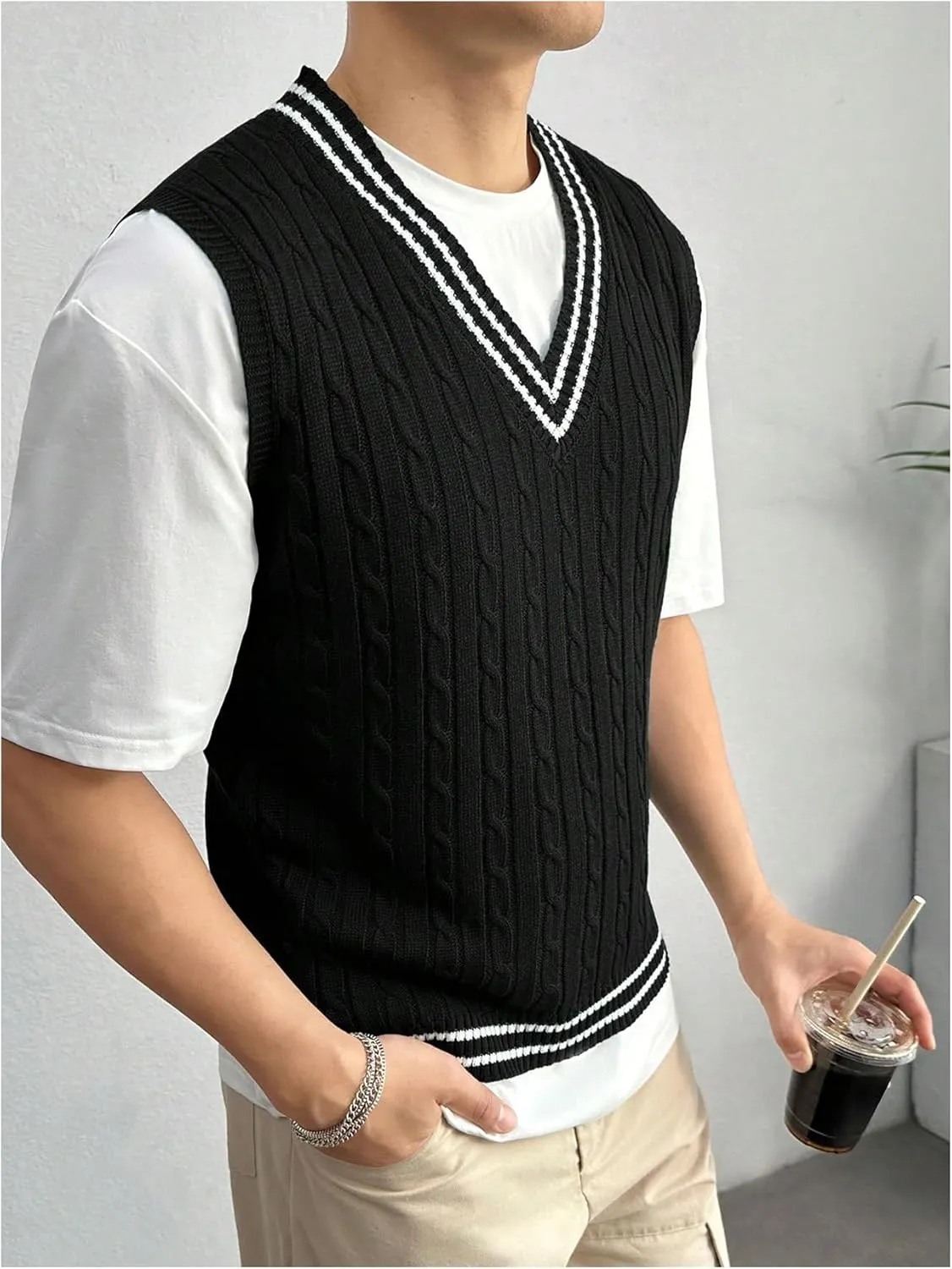 SOLY HUX Men's Striped Cable Knit Sweater Vest V Neck Sleeveless Casual School Sweater Tops