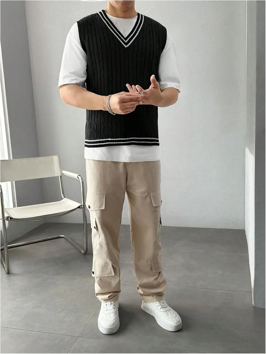 SOLY HUX Men's Striped Cable Knit Sweater Vest V Neck Sleeveless Casual School Sweater Tops