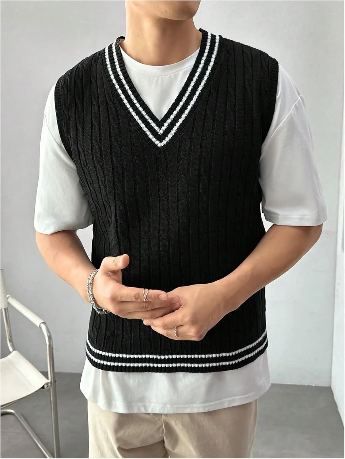 SOLY HUX Men's Striped Cable Knit Sweater Vest V Neck Sleeveless Casual School Sweater Tops