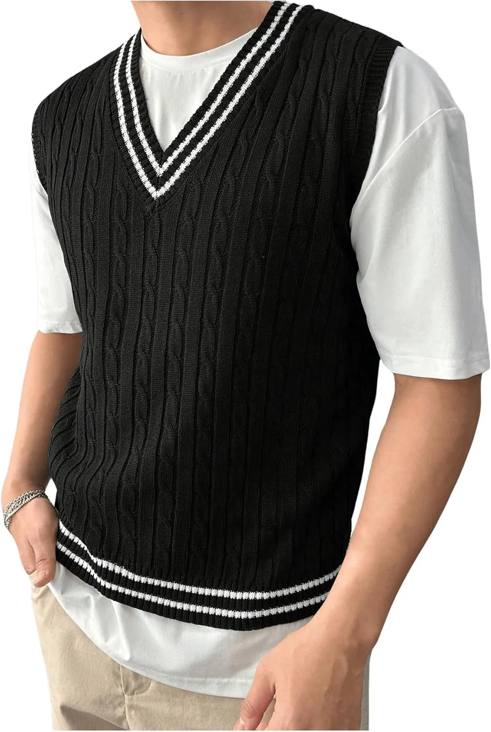 SOLY HUX Men's Striped Cable Knit Sweater Vest V Neck Sleeveless Casual School Sweater Tops