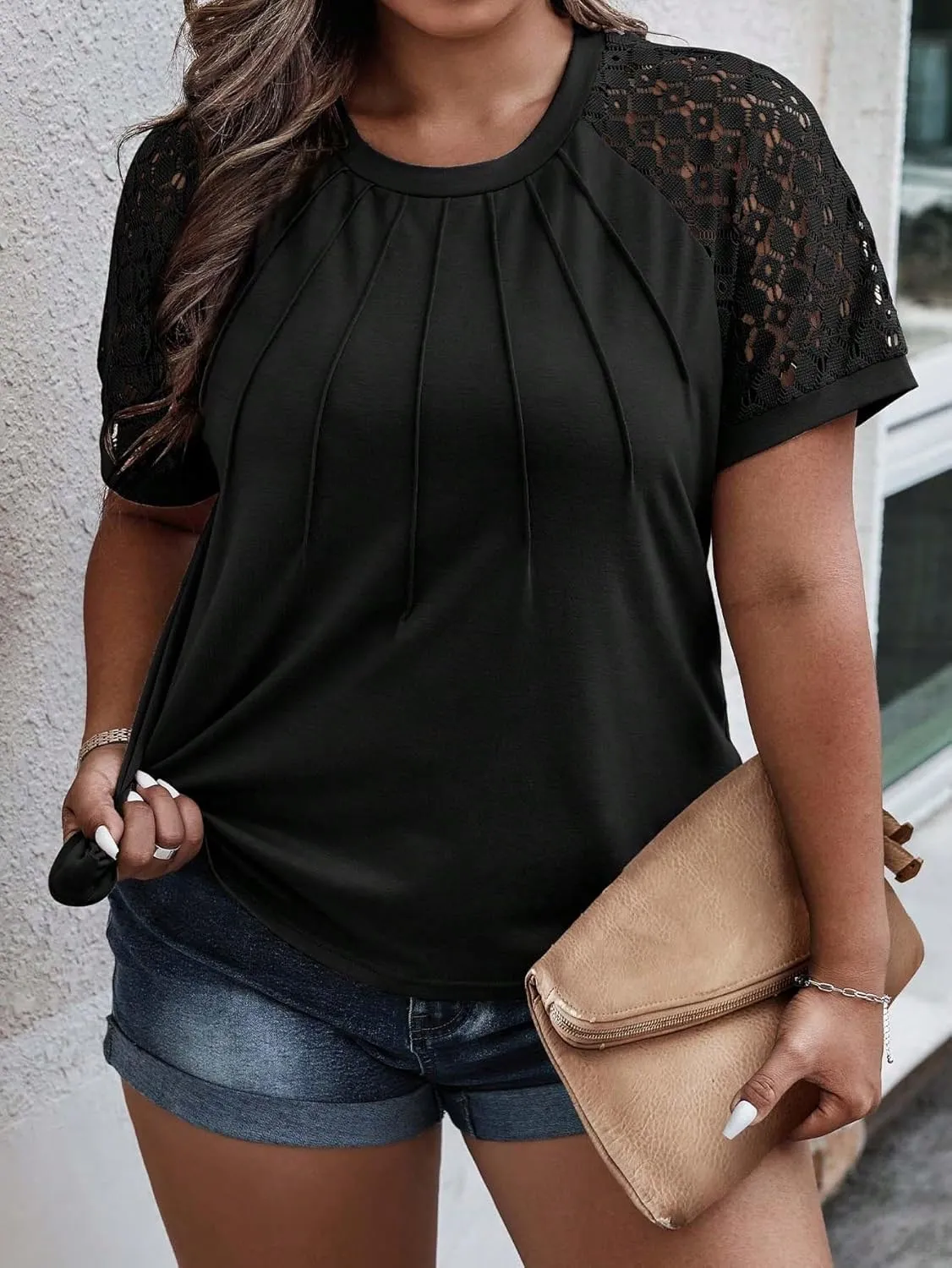 SOLY HUX Women's Plus Size Contrast Lace Short Sleeve Tee Round Neck Summer T Shirt Tops