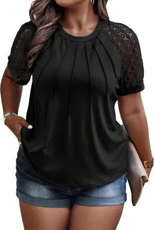SOLY HUX Women's Plus Size Contrast Lace Short Sleeve Tee Round Neck Summer T Shirt Tops