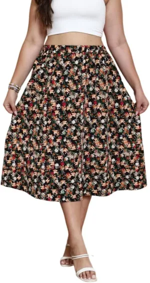 SOLY HUX Women's Plus Size Vintage High Waist A Line Flared Midi Skirt Floral Print Casual Long Skirts