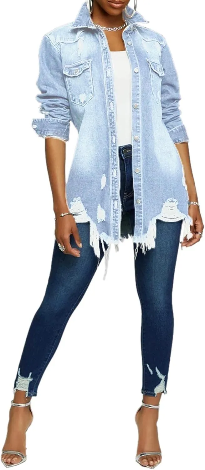 SOMTHRON Women's Distressed Denim Jeans Outfits Coat Spring Fall Ripped Jeans Outerwear Denim Jacket