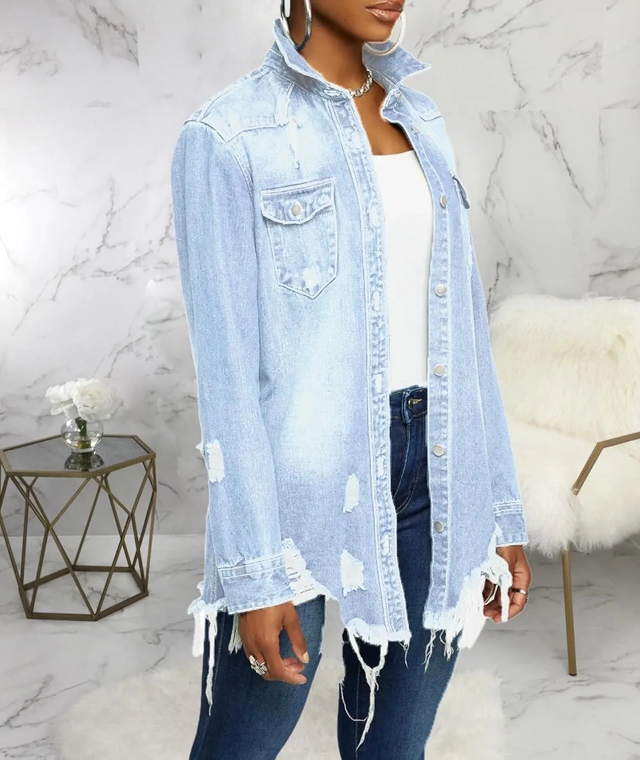 SOMTHRON Women's Distressed Denim Jeans Outfits Coat Spring Fall Ripped Jeans Outerwear Denim Jacket
