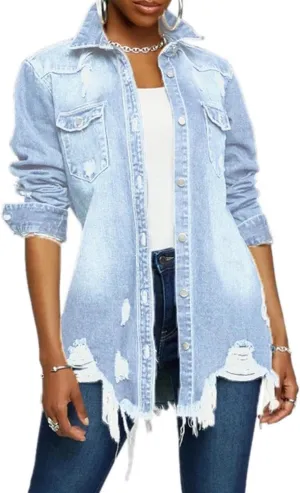 SOMTHRON Women's Distressed Denim Jeans Outfits Coat Spring Fall Ripped Jeans Outerwear Denim Jacket