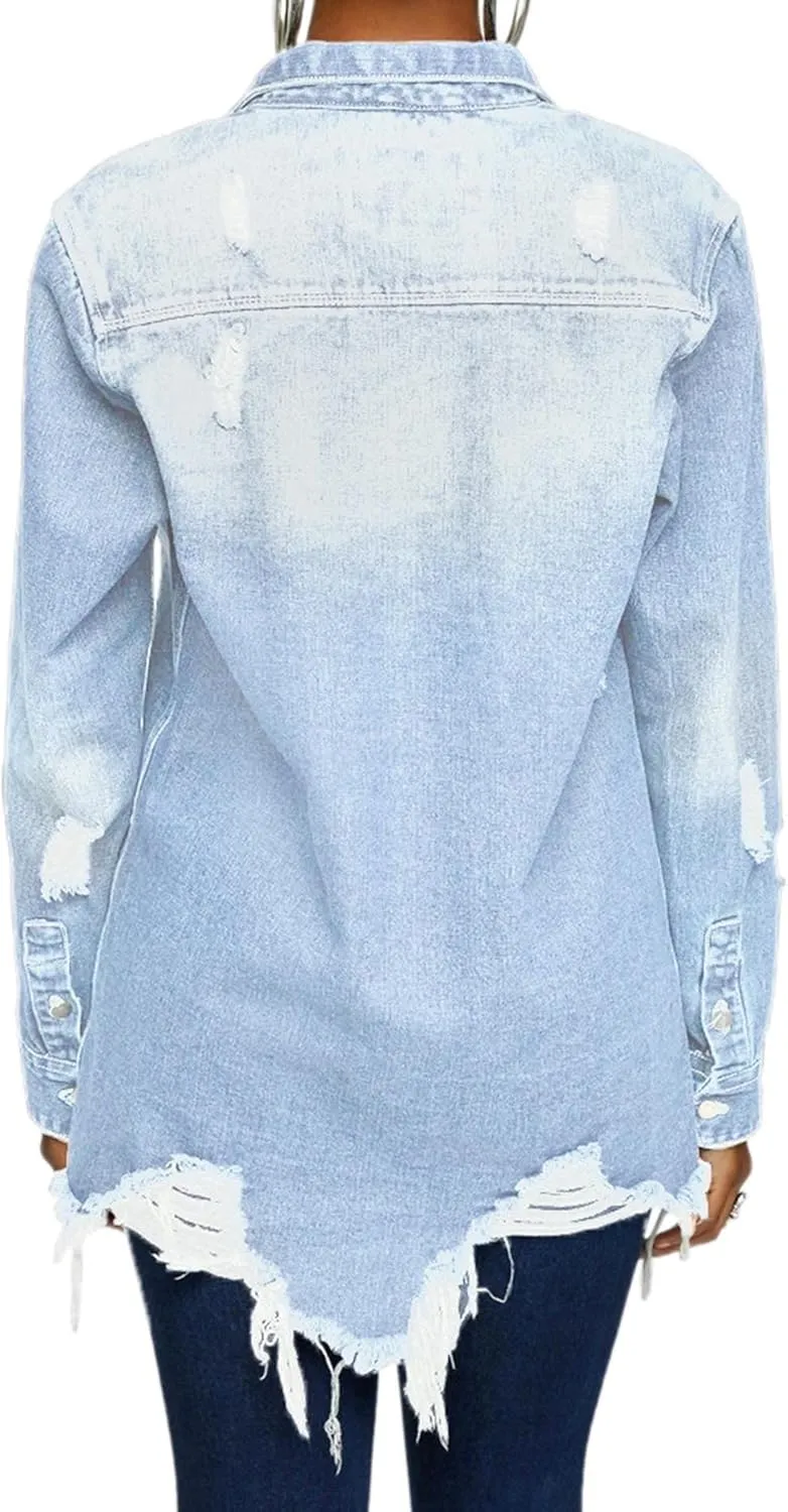 SOMTHRON Women's Distressed Denim Jeans Outfits Coat Spring Fall Ripped Jeans Outerwear Denim Jacket
