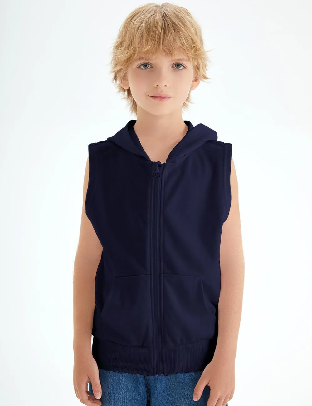 Spring&Gege Boys Full Zip Sleeveless Hooded Vest Basic Zipper Tank Tops Sweatshirt with Pockets